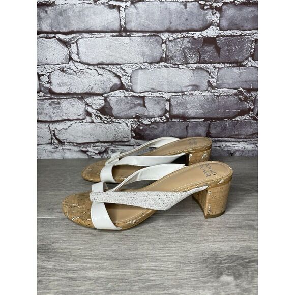 Donald Pliner OONA White Leather Open Toe Cork Heel Sandals Women Sz 8M US/39EU - Picture 1 of 16